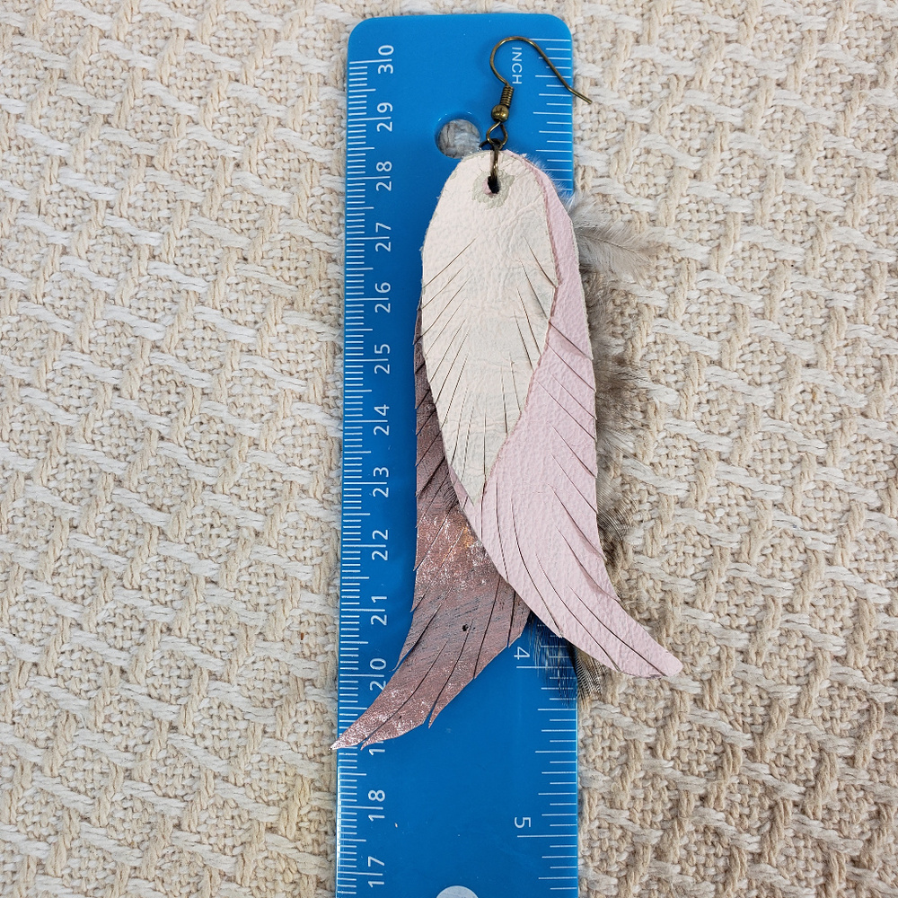 Leather Feather Dangle Earrings Blush Pink Boho - Picture 3 of 4